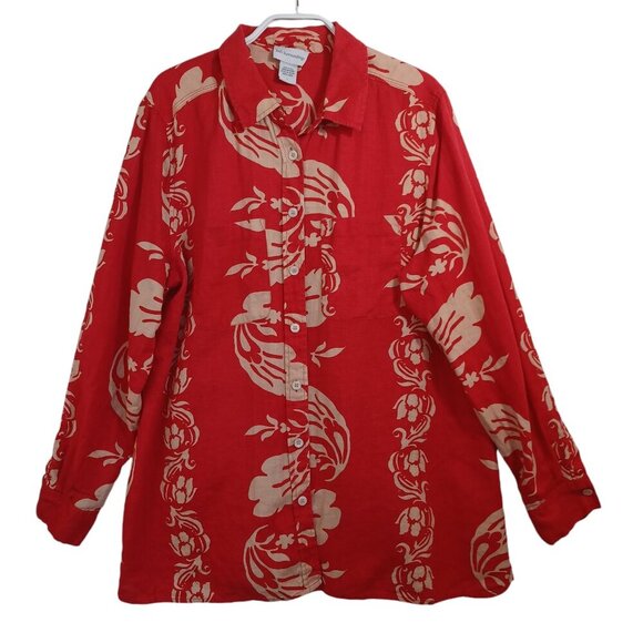 Soft Surroundings Linen Tunic Red Tan Floral Button Up Collared Shirt Womens L - Picture 9 of 9